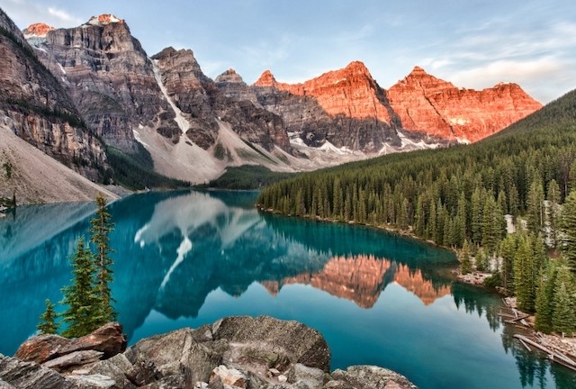 Summer sunset at Moraine Lake in Banff National Park