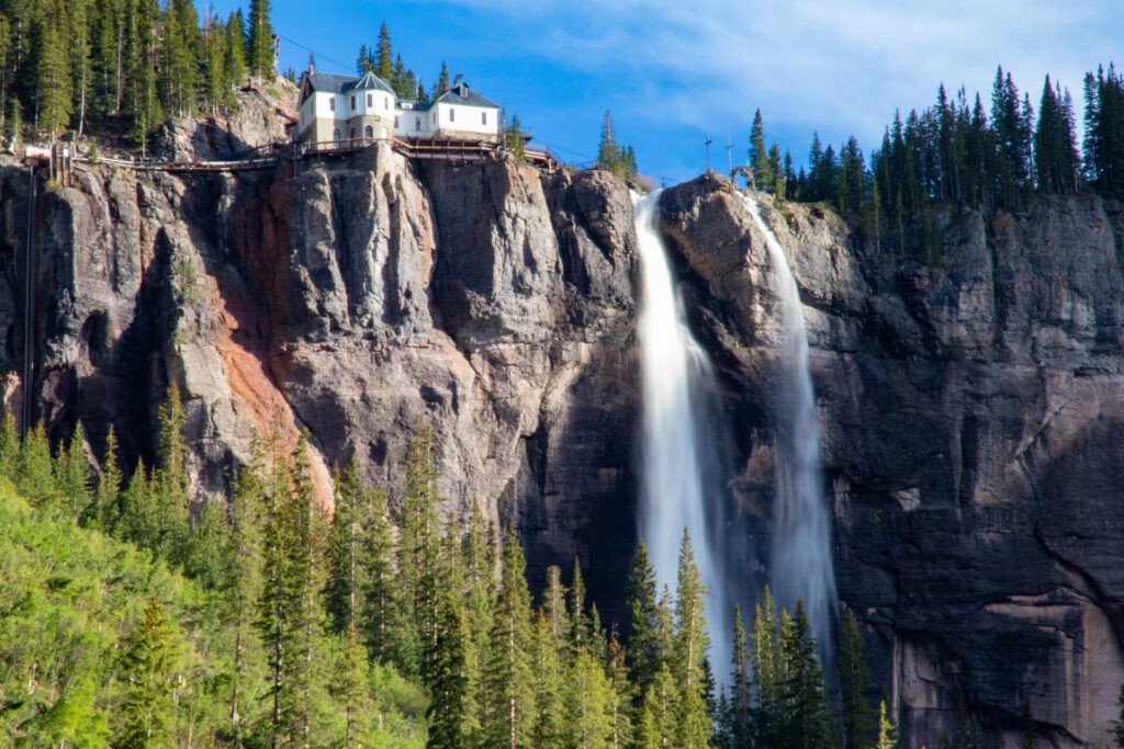 Colorado's tallest waterfall, Bridal Veil Falls, on a summer day in Telluride