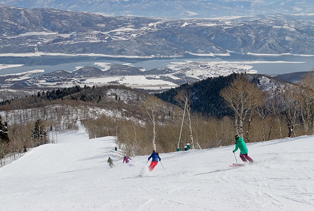 Deer Valley Resort, skiers, view of the Jordanelle.