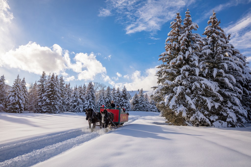 Horse-drawn sleigh riding through fresh snow at Sun Valley Resort