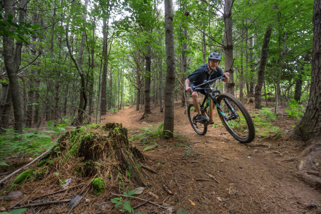 Mountain biker riding down wooded trail in North Carolina Mountains