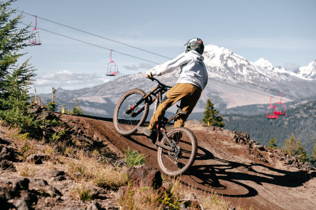 Biking uphill at Mt. Bachelor's bike park in the fall