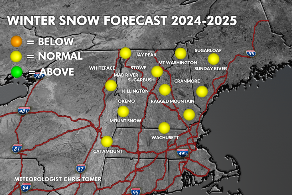 Graphic of snowfall predictions for the East Coast for the 2024-25 ski season